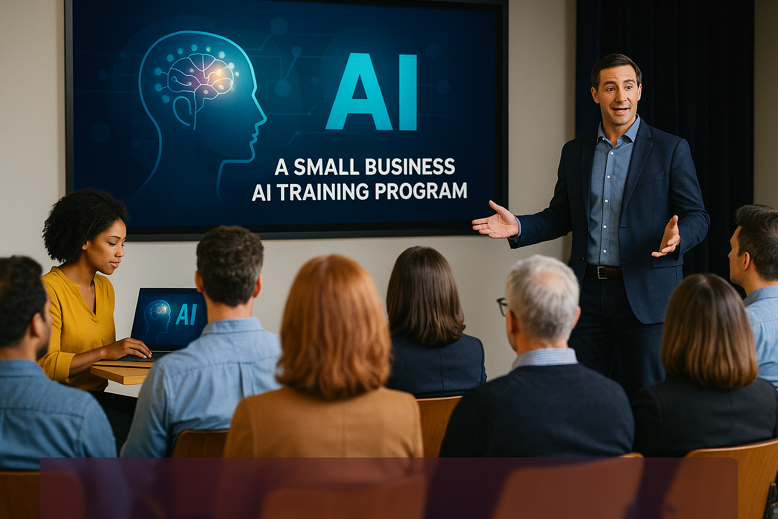 Diverse group of small business owners and entrepreneurs attending AI training session